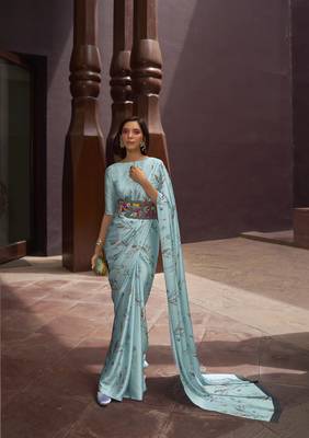Blue printed satin saree with blouse 1