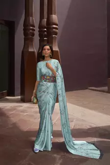 Blue printed satin saree with blouse