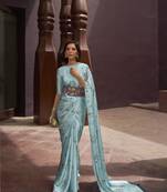 Blue printed satin saree with blouse