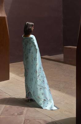 Blue printed satin saree with blouse 3