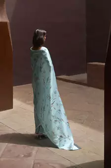 Blue printed satin saree with blouse