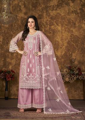 Light-pink resham embroidery net salwar kameez 1