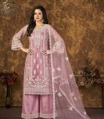 Light-pink resham embroidery net salwar kameez