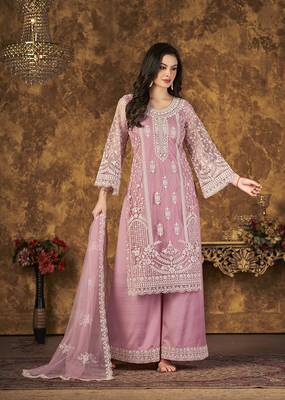 Light-pink resham embroidery net salwar kameez 3