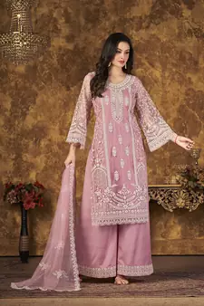 Light-pink resham embroidery net salwar kameez