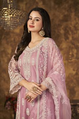 Light-pink resham embroidery net salwar kameez 4