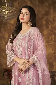 Light-pink resham embroidery net salwar kameez
