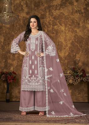 Mauve resham embroidery net salwar kameez 1
