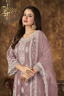 Mauve resham embroidery net salwar kameez