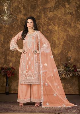 Peach resham embroidery net salwar kameez 1