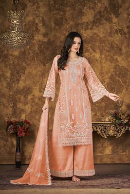 Peach resham embroidery net salwar kameez 2