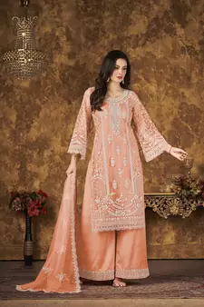 Peach resham embroidery net salwar kameez