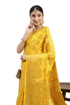 Yellow woven art silk saree with blouse 2