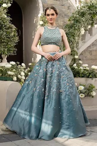 Teal Green Organza Lehenga