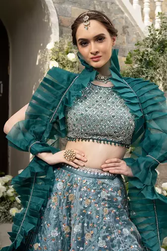 Teal Green Organza Lehenga