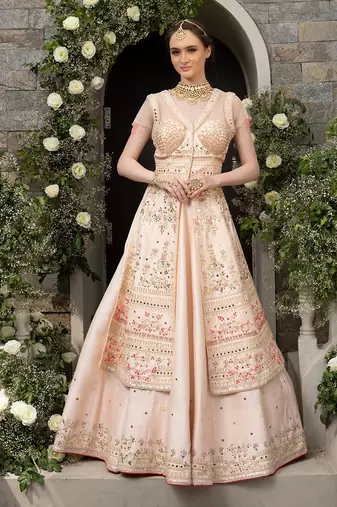 Peach Jacket Anarkali Lehenga