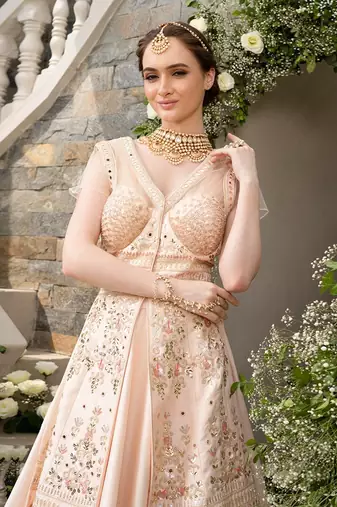 Peach Jacket Anarkali Lehenga