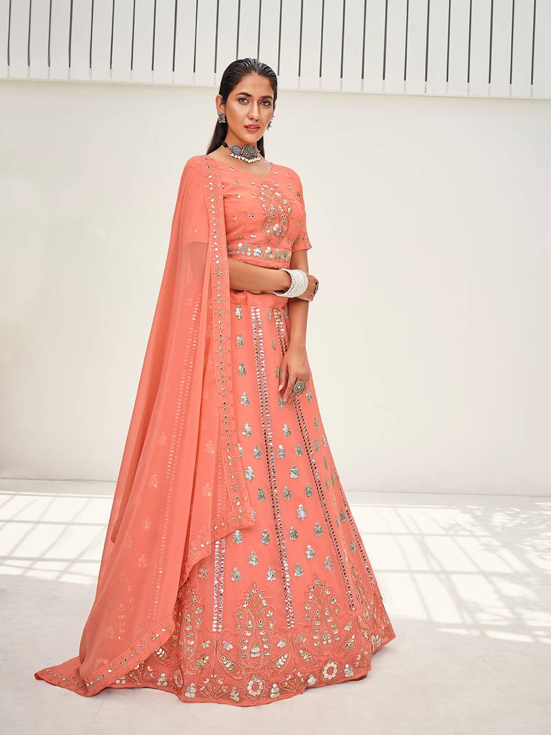 Flamingo Pink Sequins Embroidered Georgette Lehenga Choli - WHITE FIRE ...