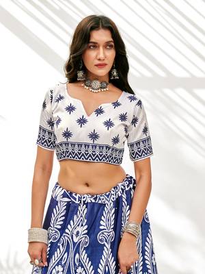 Blue & White Digital Printed Banglori Silk Casual Lehenga Choli 1
