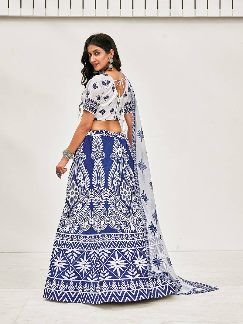 Blue & White Digital Printed Banglori Silk Casual Lehenga Choli