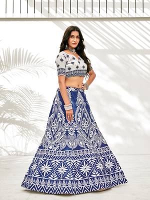 Blue & White Digital Printed Banglori Silk Casual Lehenga Choli 3