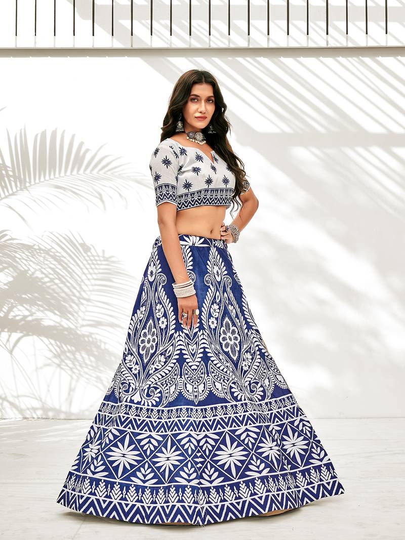 Blue & White Digital Printed Banglori Silk Casual Lehenga Choli