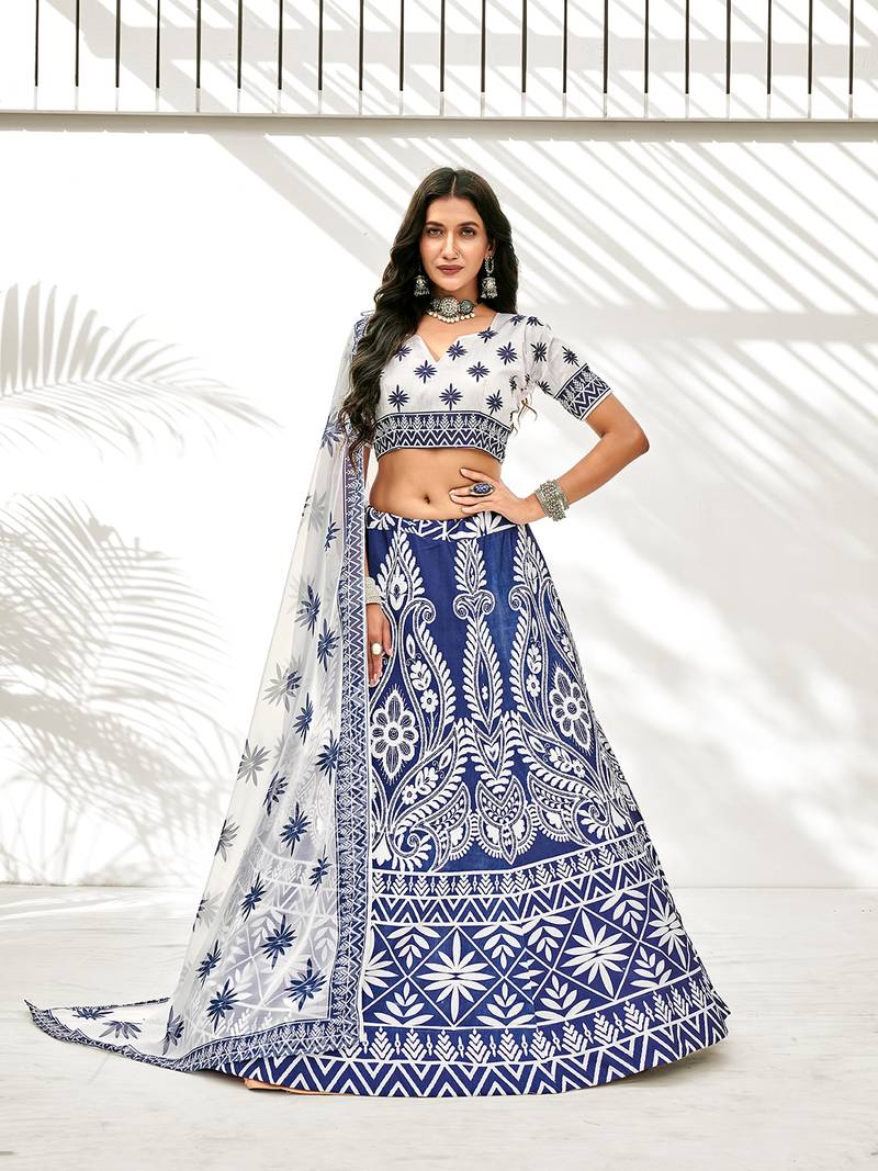 Blue & White Digital Printed Banglori Silk Casual Lehenga Choli