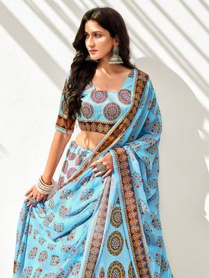Sky Blue Digital Printed Banglori Silk Casual Lehenga Choli 1