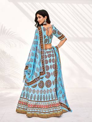 Sky Blue Digital Printed Banglori Silk Casual Lehenga Choli 2