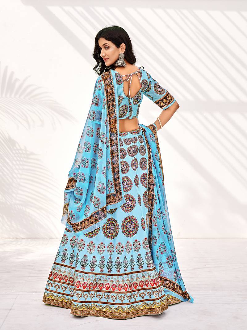 Sky Blue Digital Printed Banglori Silk Casual Lehenga Choli