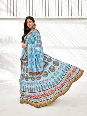 Sky Blue Digital Printed Banglori Silk Casual Lehenga Choli 3