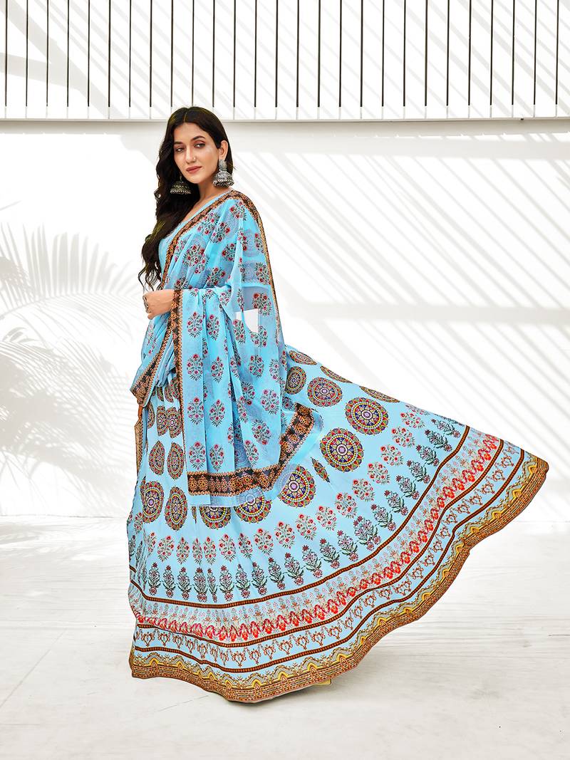 Sky Blue Digital Printed Banglori Silk Casual Lehenga Choli