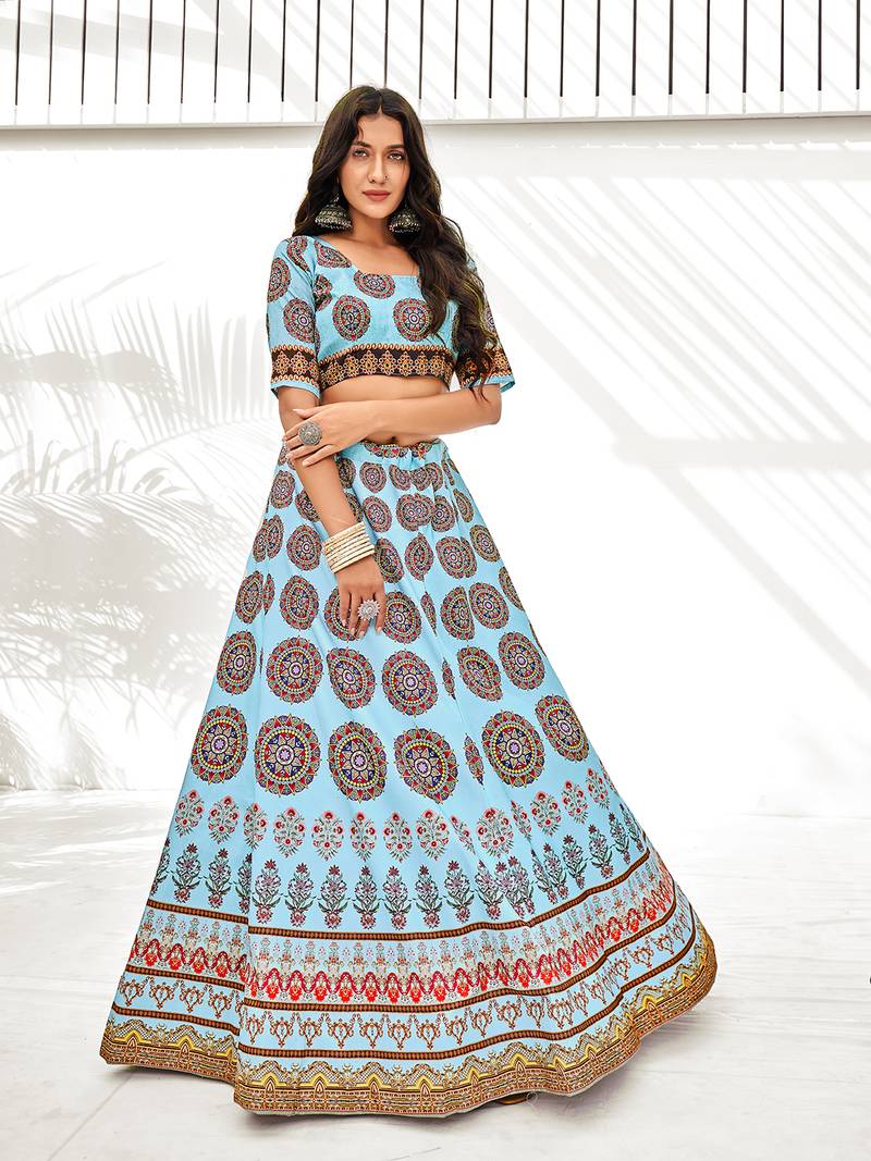 Sky Blue Digital Printed Banglori Silk Casual Lehenga Choli