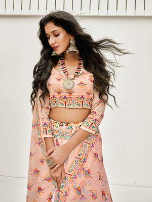 Peach Multi Digital Printed Banglori Silk Lehenga Choli 1
