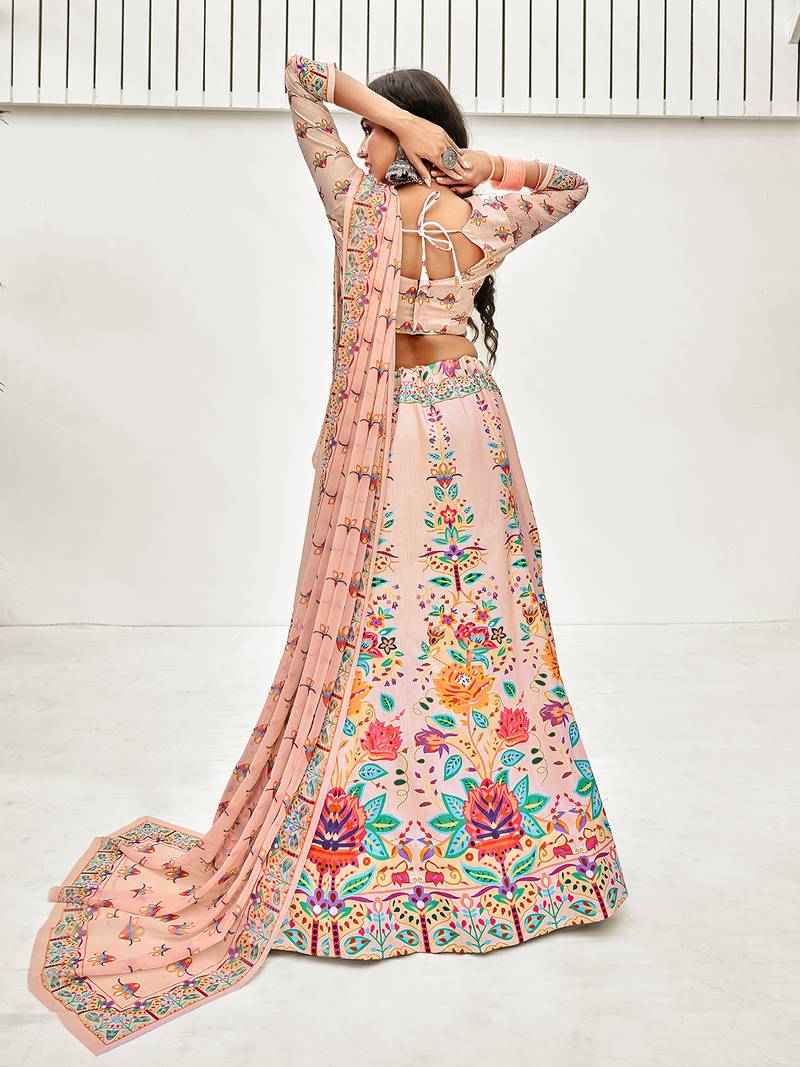 Peach Multi Digital Printed Banglori Silk Lehenga Choli