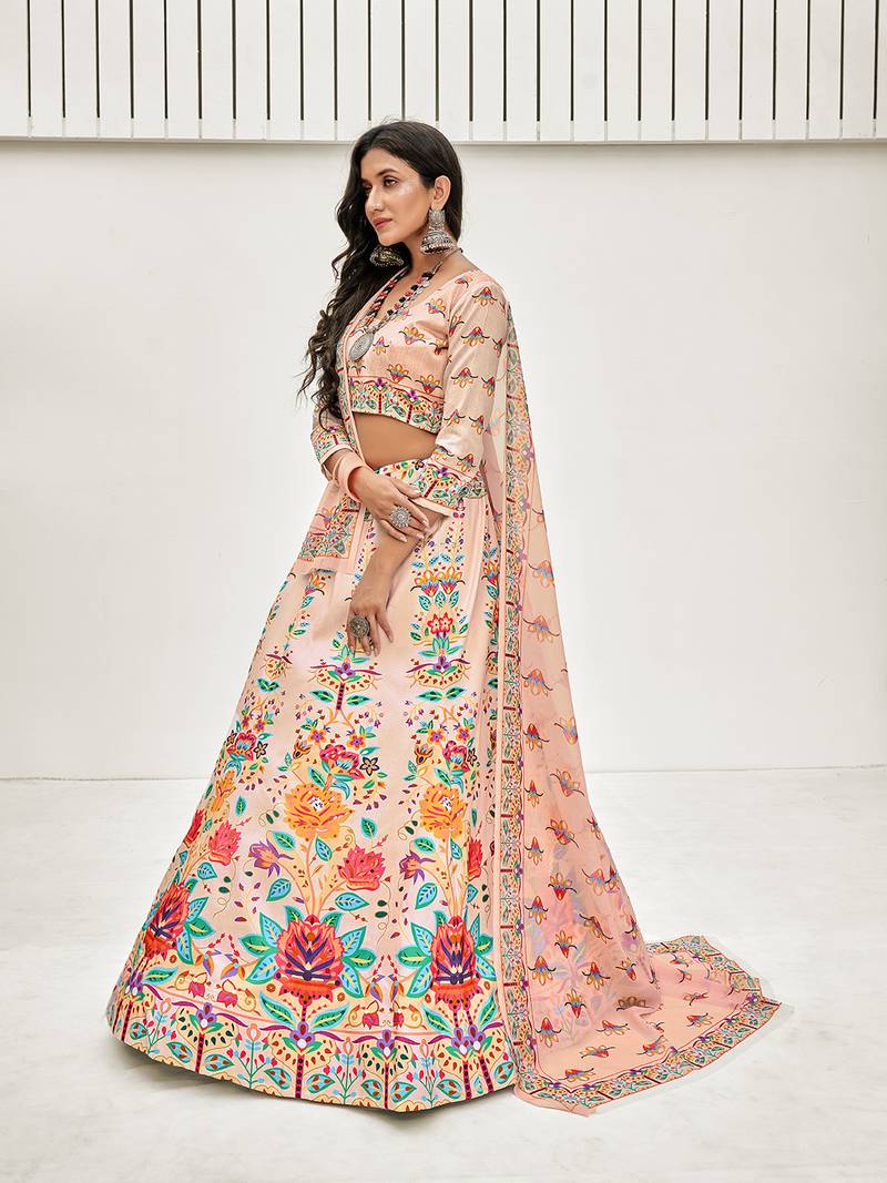 Peach Multi Digital Printed Banglori Silk Lehenga Choli