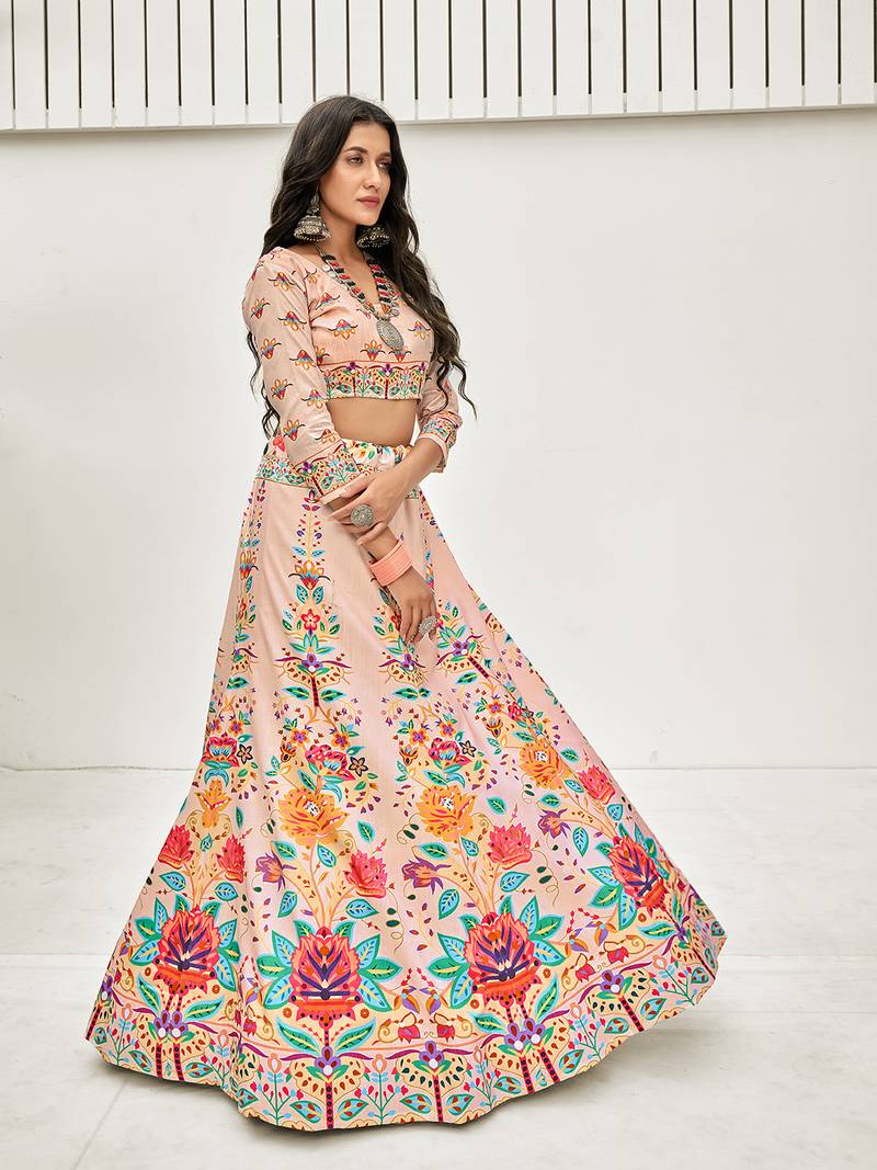 Peach Multi Digital Printed Banglori Silk Lehenga Choli