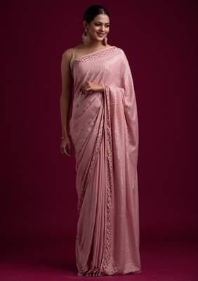 Pink Sequance Embroidery Work,Jacquard Border Georgette Traditional-Sarees With  Satin Banglori Silk Blouse 1