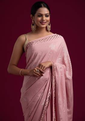 Pink Sequance Embroidery Work,Jacquard Border Georgette Traditional-Sarees With  Satin Banglori Silk Blouse 2