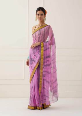 Pink Hand Dyed Shibori Chiffon Saree with Blouse 1