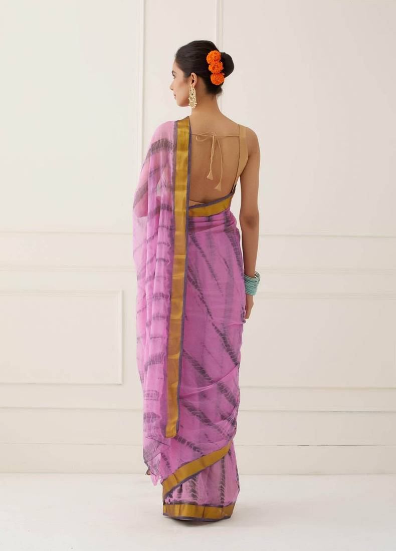 Pink Hand Dyed Shibori Chiffon Saree with Blouse