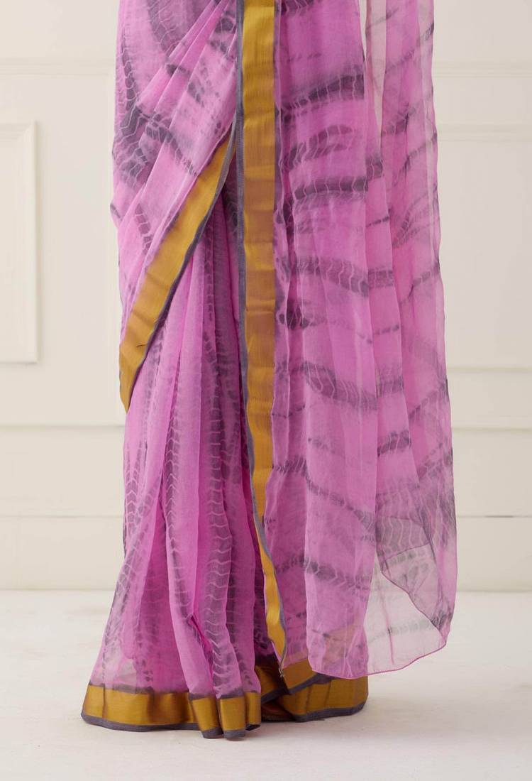 Pink Hand Dyed Shibori Chiffon Saree with Blouse