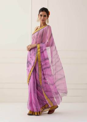 Pink Hand Dyed Shibori Chiffon Saree with Blouse 4
