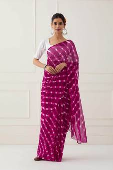Magneta Pink Hand Dyed Mothda Chiffon Saree with Blouse