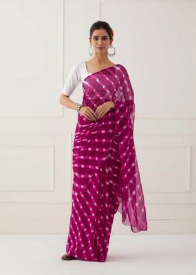 Magneta Pink Hand Dyed Mothda Chiffon Saree with Blouse 1