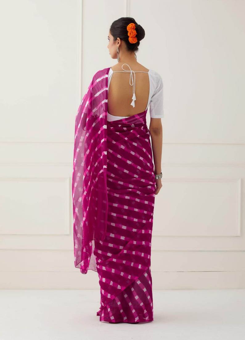 Magneta Pink Hand Dyed Mothda Chiffon Saree with Blouse