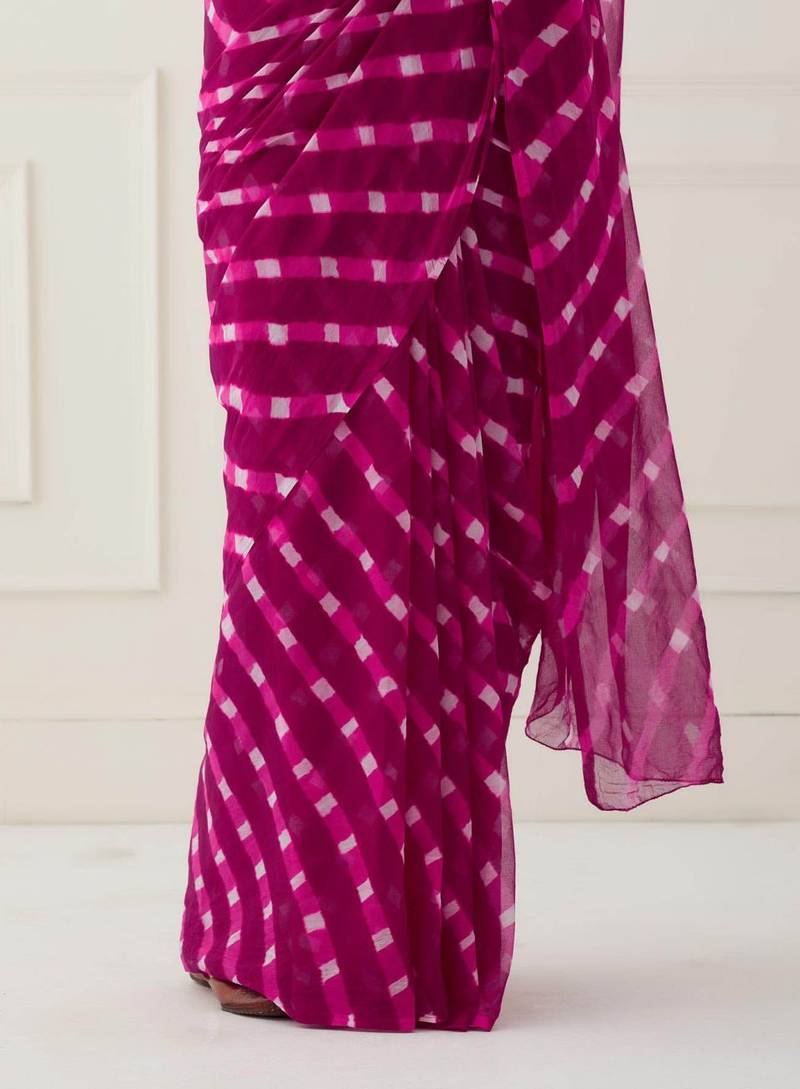 Magneta Pink Hand Dyed Mothda Chiffon Saree with Blouse