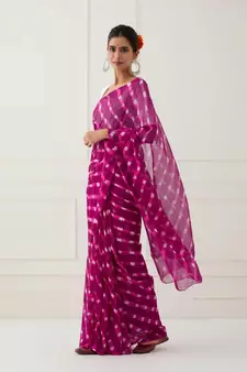 Magneta Pink Hand Dyed Mothda Chiffon Saree with Blouse