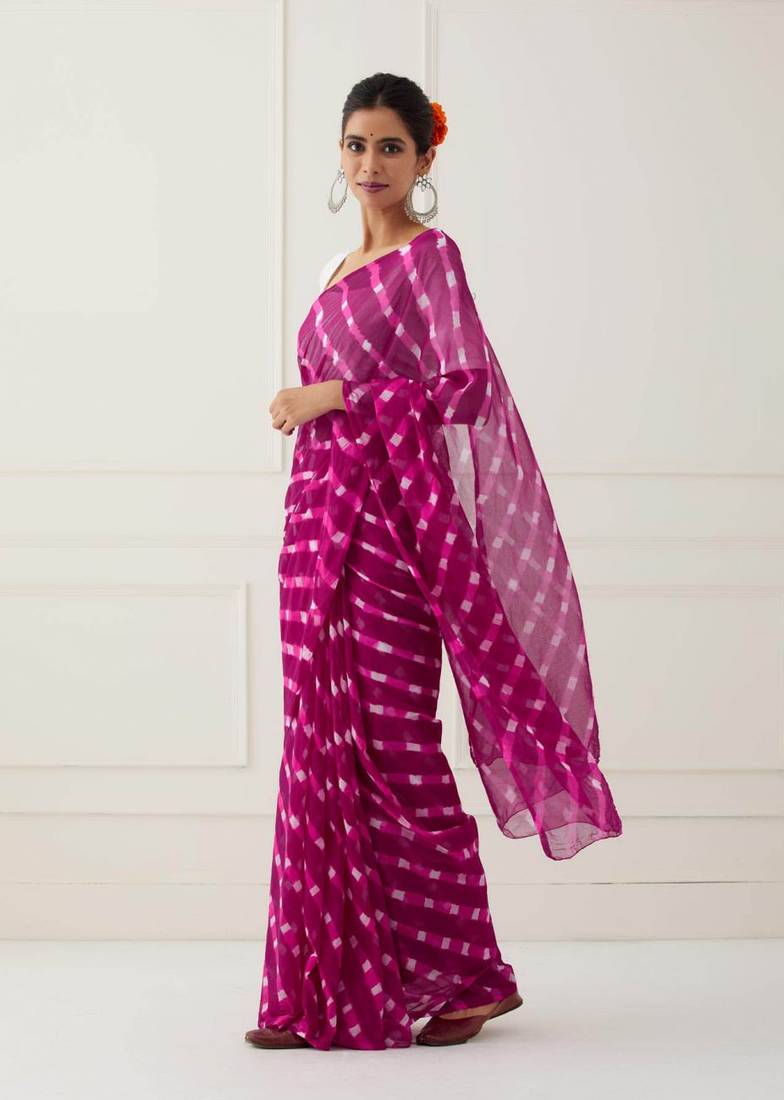 Magneta Pink Hand Dyed Mothda Chiffon Saree with Blouse