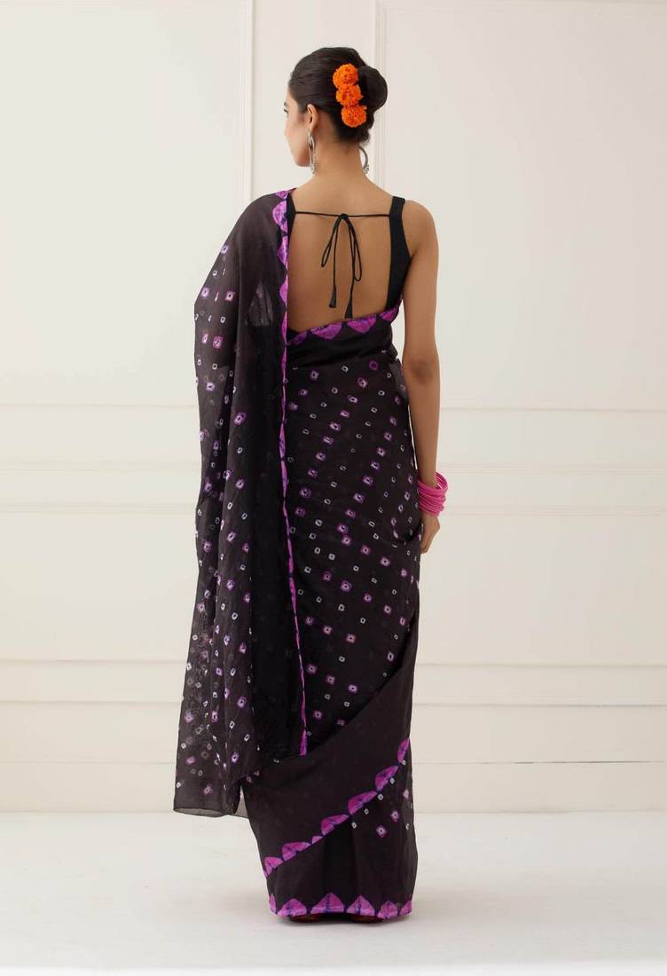 Black Hand Bandhani Silk Saree with Blouse